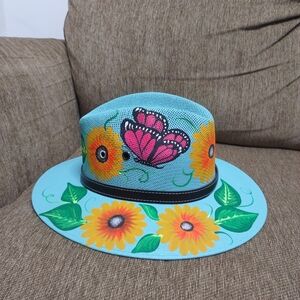 Women's Madalais Hand Painted Hat with Butterfly and Sunflower Design Size M
